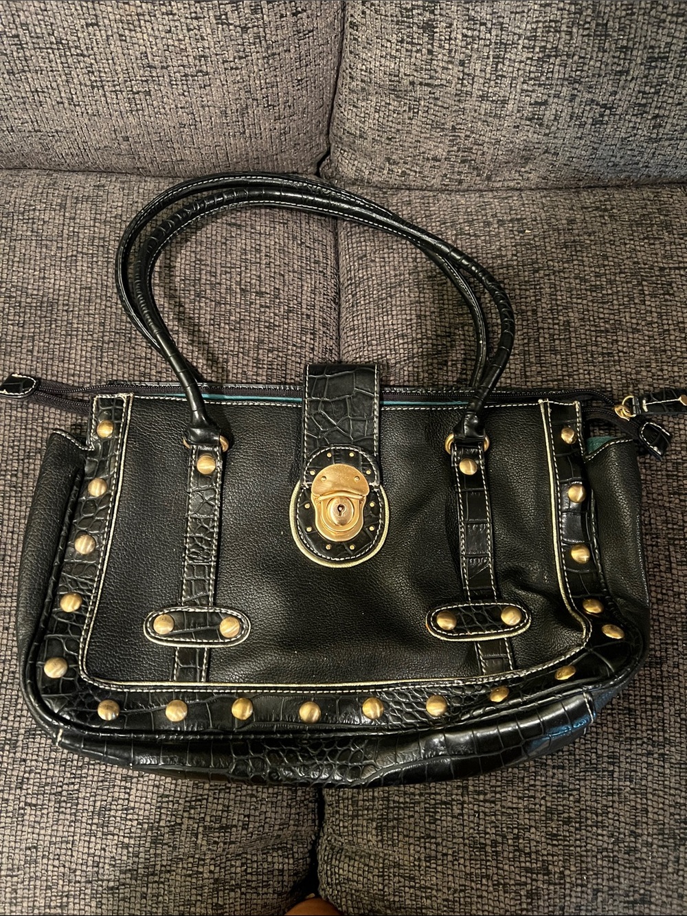 Black Studded Satchel Handbag with Gold Hardware